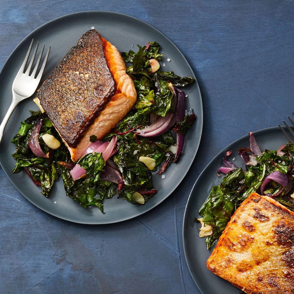 salmon and swiss chard on a plate